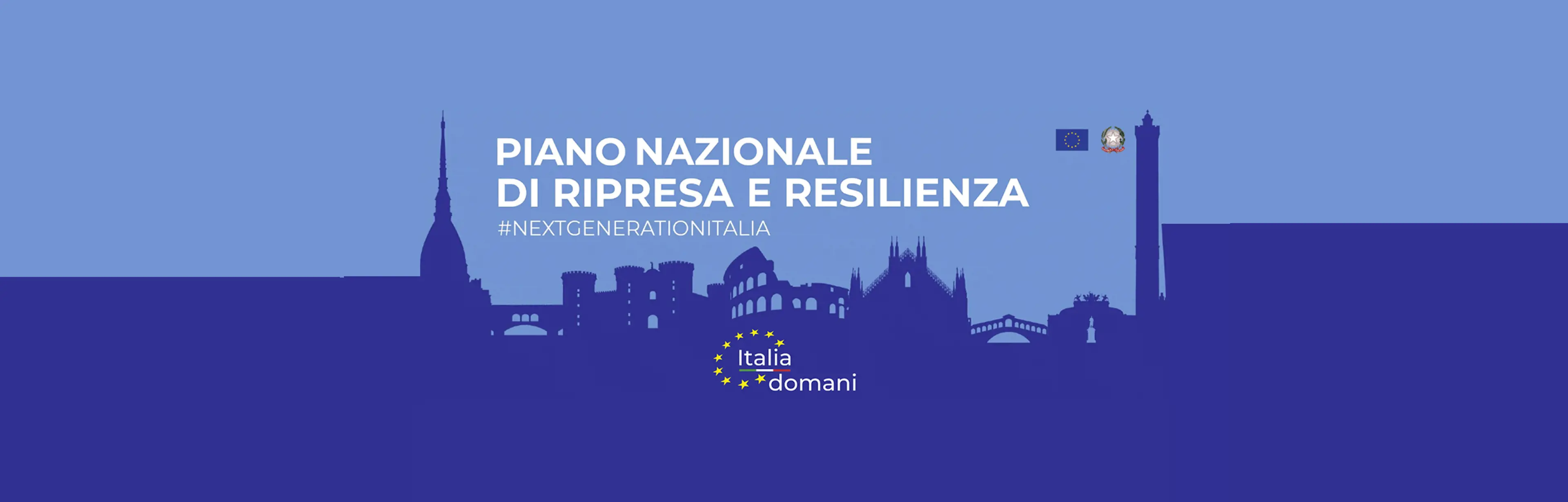 Piano nazionale di ripresa e resilienza #nextgenerationitalia, Italia domani, loghi Unione europea e Repubblica italiana